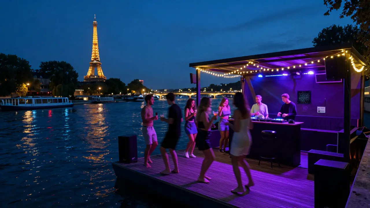 A floating nightclub on the Seine at night with people dancing under string lights and the Eiffel Tower in the distance.