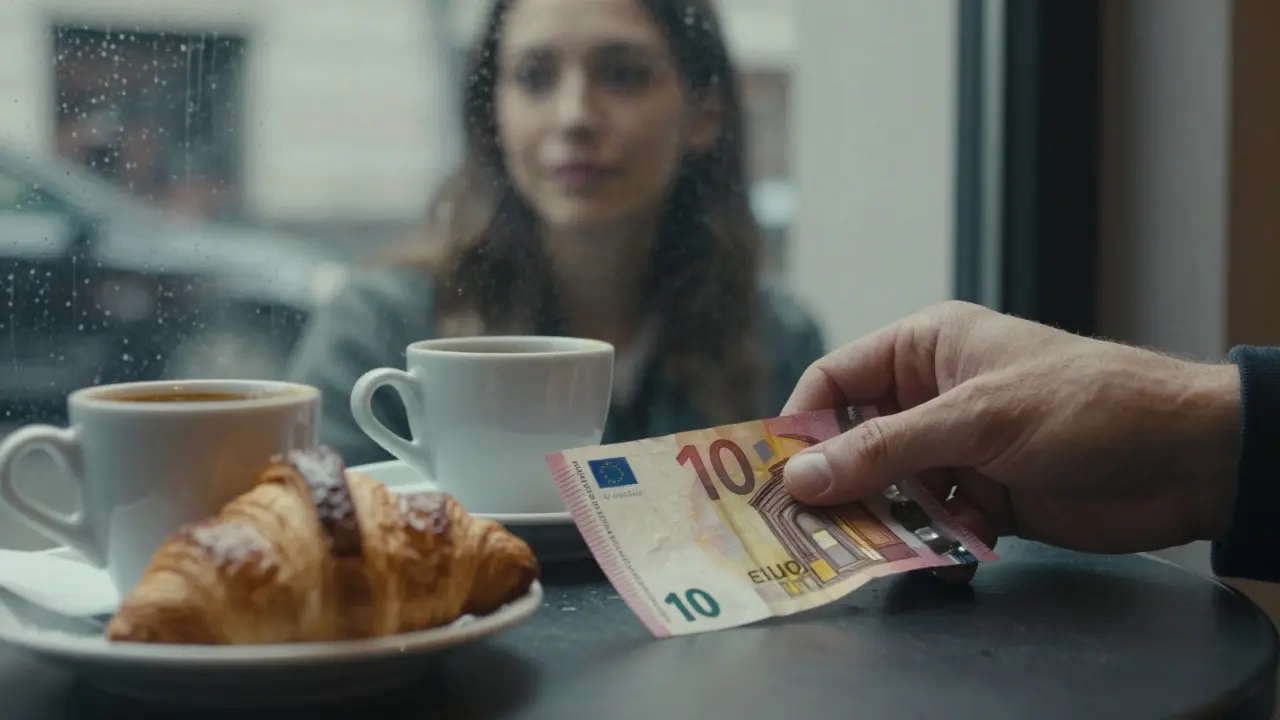 A folded bill beside empty coffee cups on a café table, rain tapping the window behind.