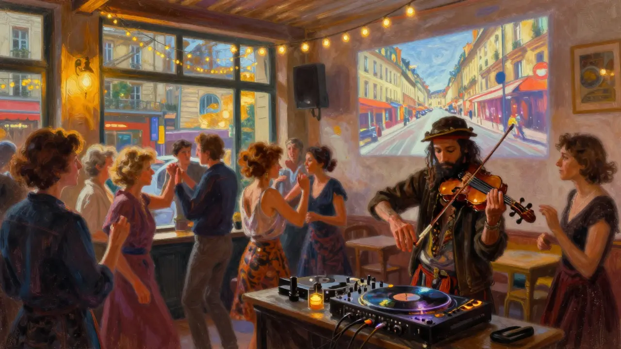 A fusion music night at La Bellevilloise where jazz and techno blend, with a diverse crowd dancing freely.