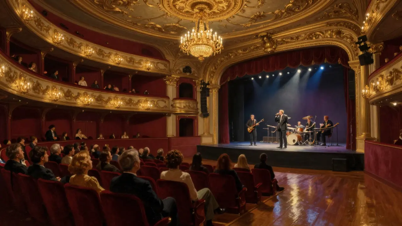 A grand theater with a rock band performing under golden chandeliers, audience captivated.