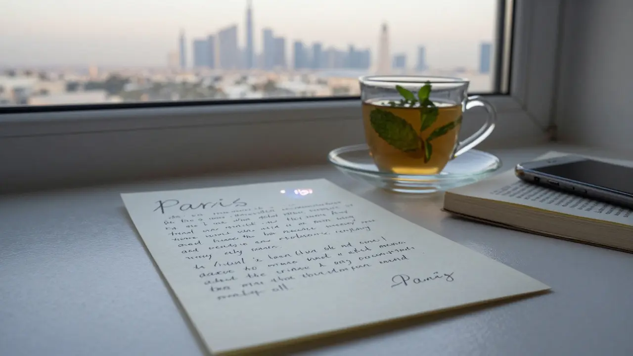 A handwritten note and mint tea rest on a windowsill overlooking Dubai’s skyline at dawn, hinting at a meaningful connection.