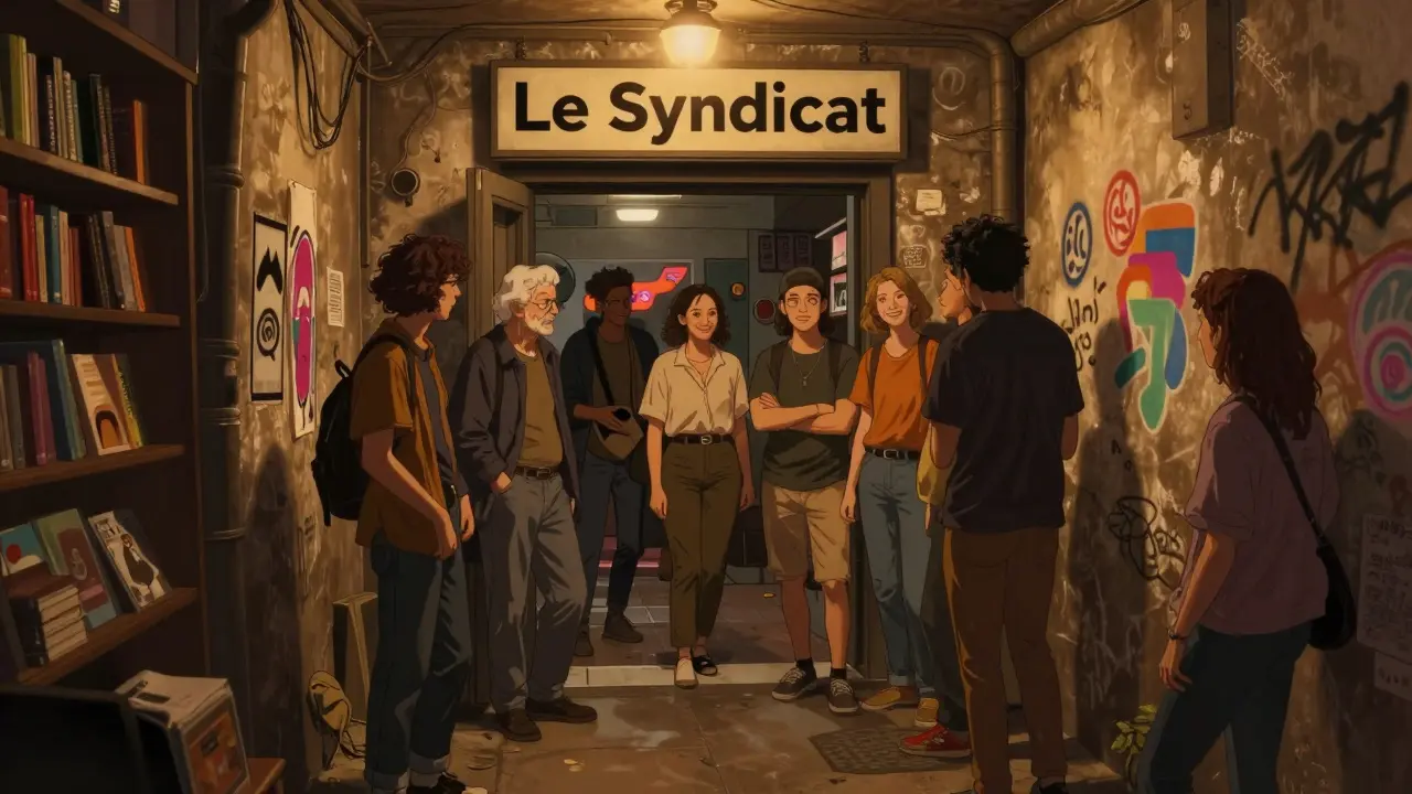 A hidden basement bar in Le Marais with a mysterious entrance, lit by soft amber light and filled with diverse patrons.