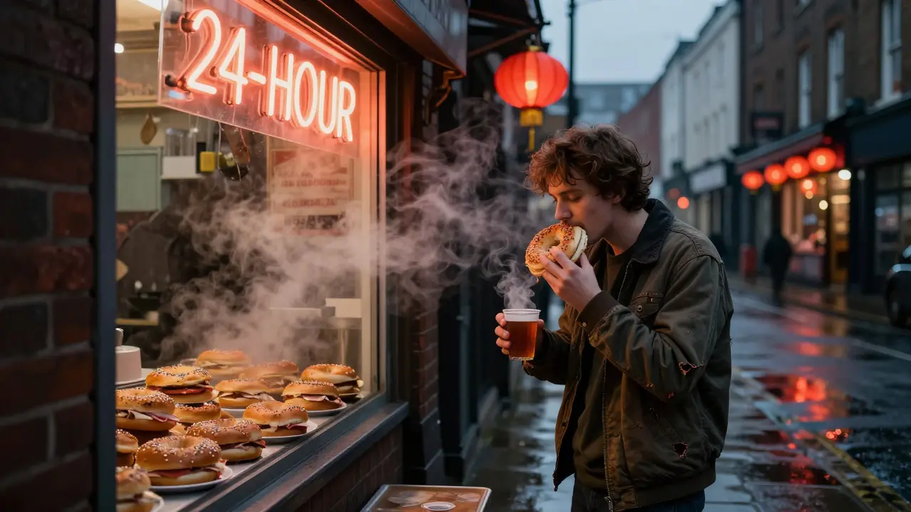 A lone person eating a bagel at 3am outside a glowing bakery in Brick Lane