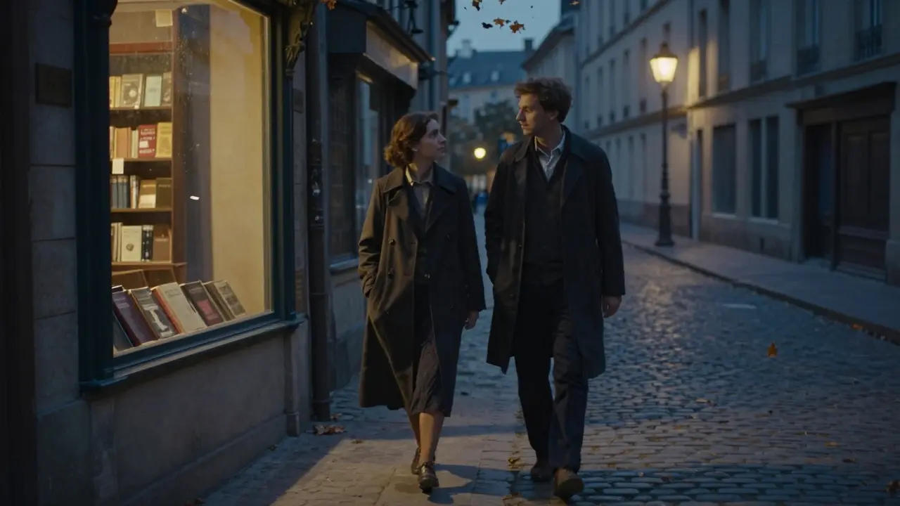 A man and woman walking past a hidden bookshop in Saint-Germain, pausing together in quiet awe.
