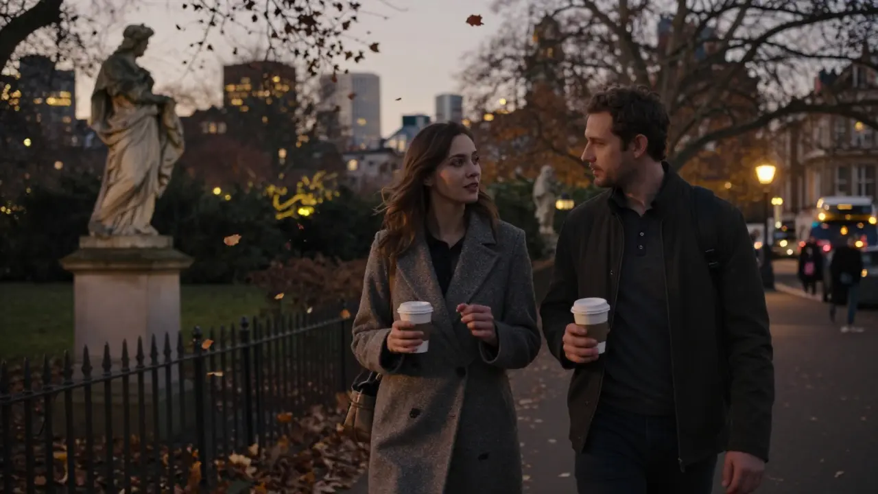 A man and woman walking peacefully through gardens at twilight with coffee cups.
