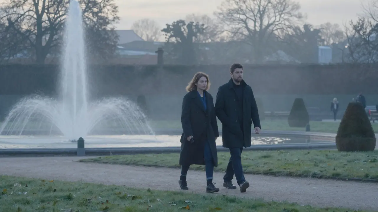 A man walks behind a woman through Luxembourg Gardens at dawn, carrying her coat, maintaining a respectful and quiet distance.