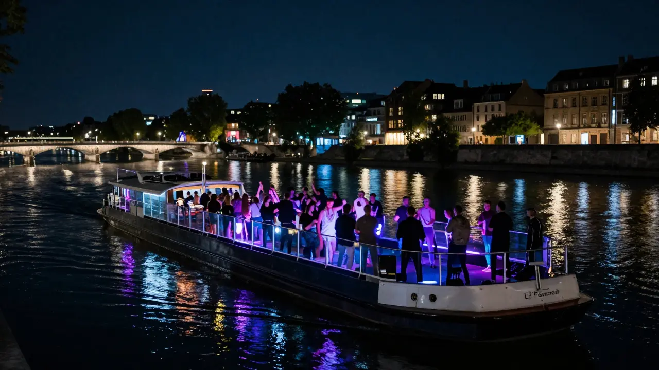 A modern glass barge nightclub on the river, people dancing under the stars as bridge lights reflect on the water.