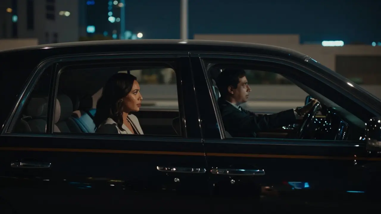 A private limousine drives through Abu Dhabi at night, interior softly lit as two figures talk discreetly.