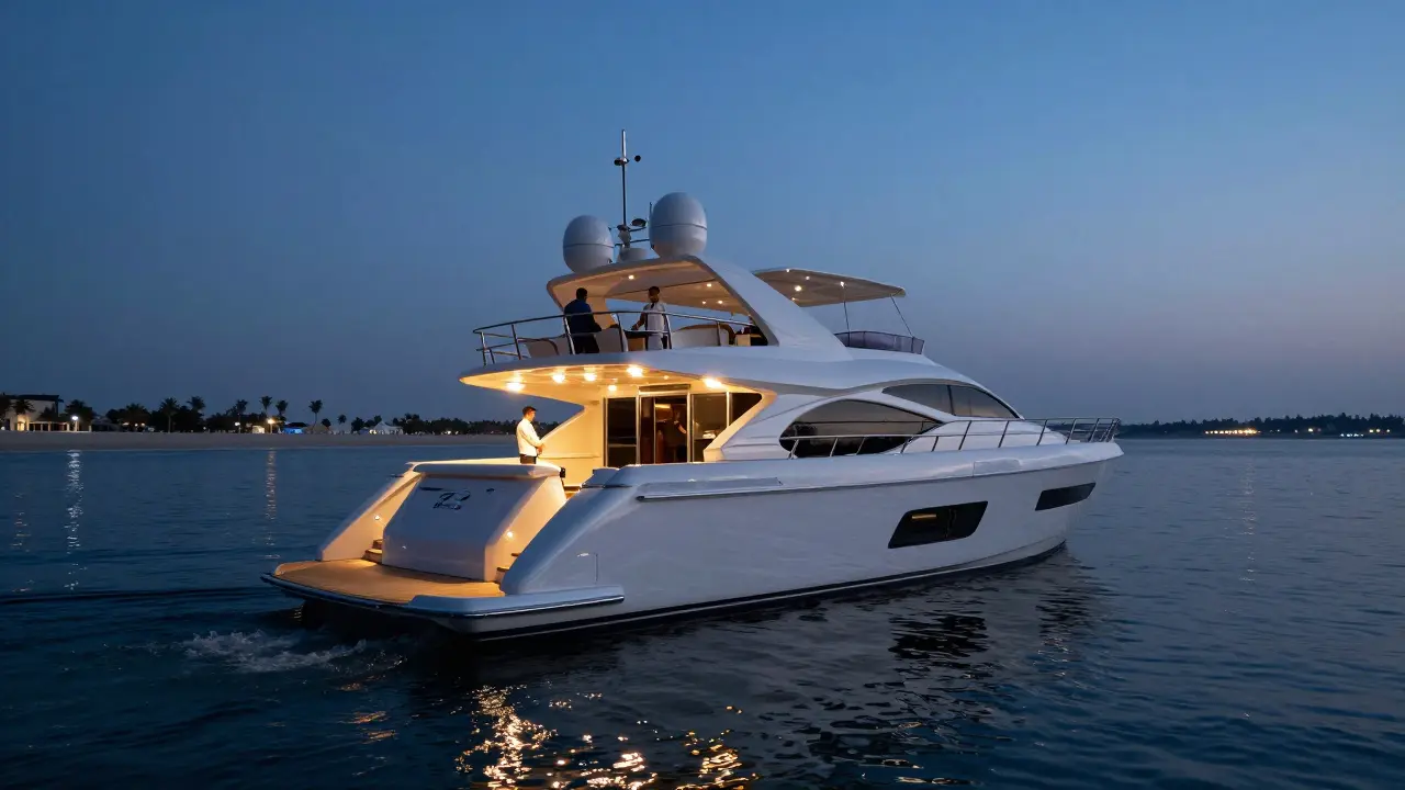 A private luxury yacht deck illuminated by sunset lights near Yas Marina.