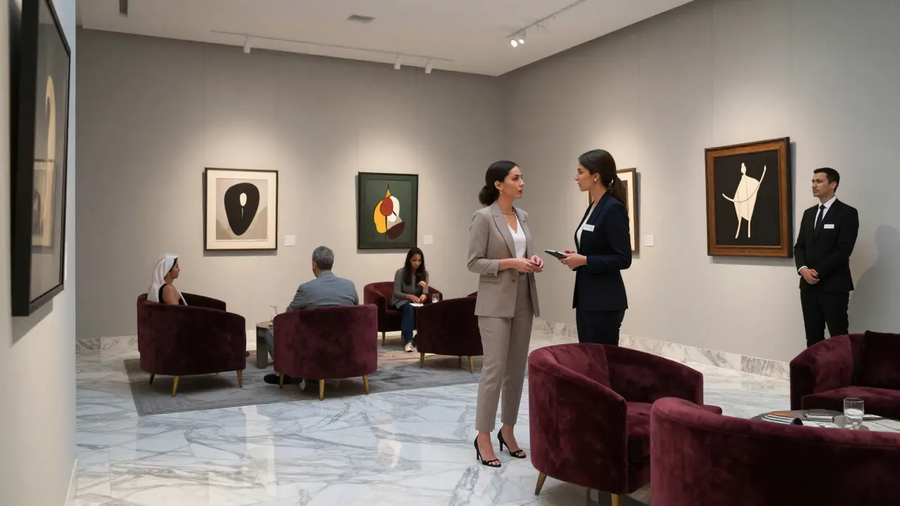 A professional companion guiding guests through a private art exhibit in a luxury hotel lounge in Abu Dhabi.