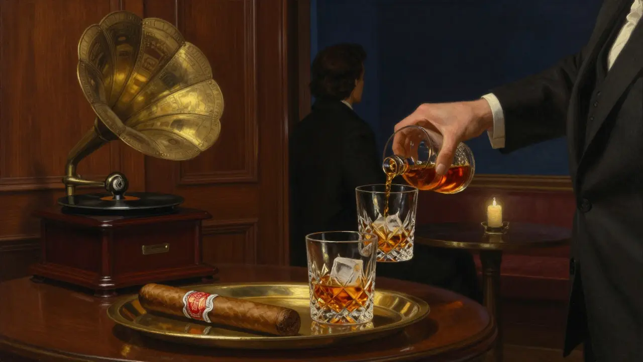 A quiet, candlelit bar at Le Bar du Louis XV with a cigar and whiskey glass in the dim glow of a gramophone.