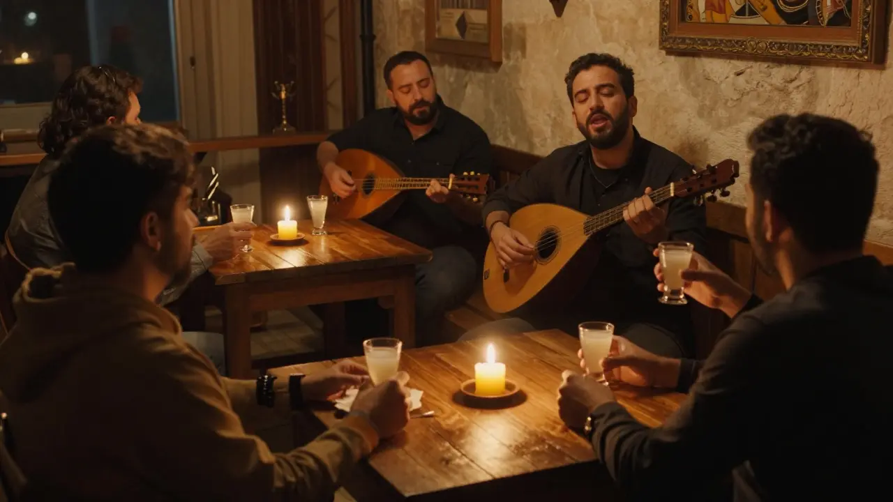 A quiet meyhane scene with patrons listening intently to a singer, candlelight glowing on wooden tables.