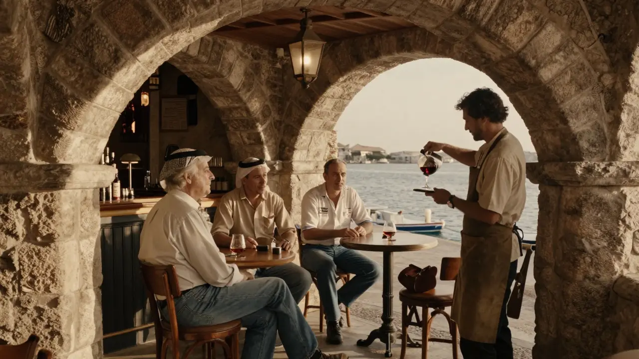 A quiet, unmarked bar under stone arches where a bartender pours cognac for discreet patrons in vintage jeans.