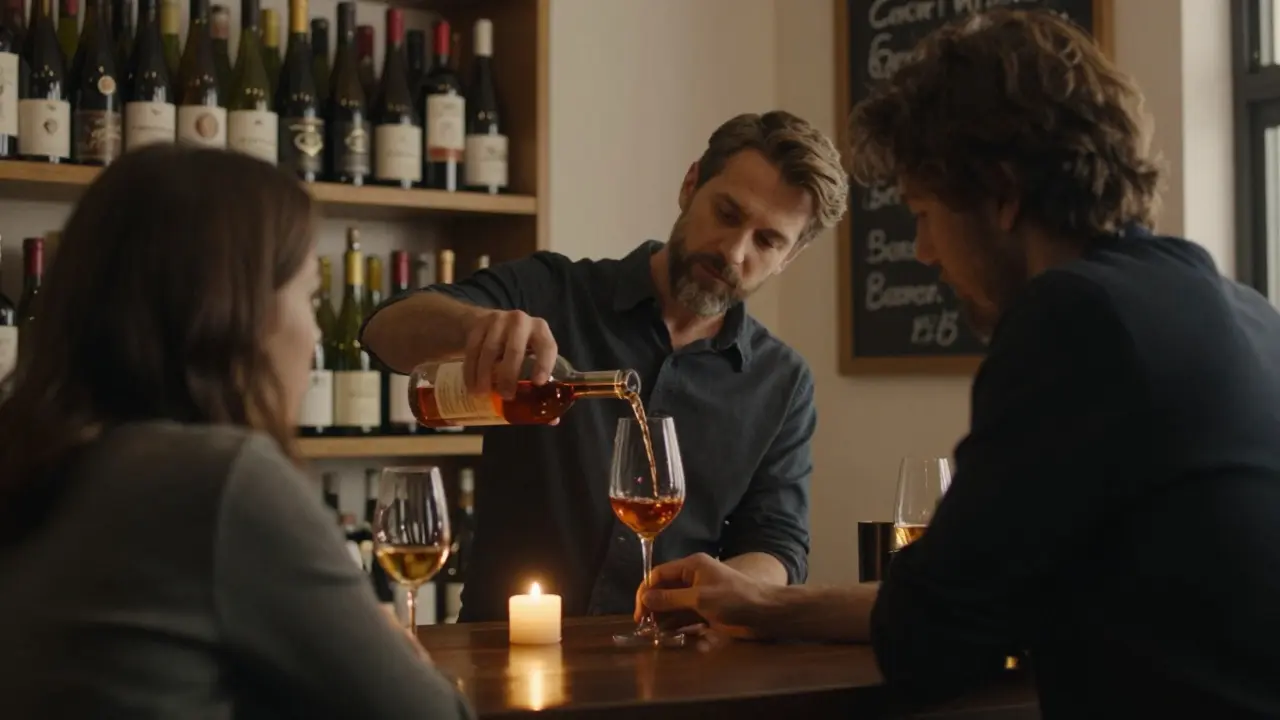 A quiet wine bar with bottles on wooden shelves, a sommelier pouring natural wine by candlelight.
