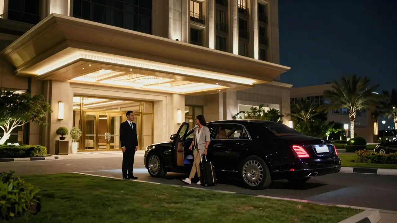 A sleek car arriving at a five-star hotel entrance in Abu Dhabi at night.