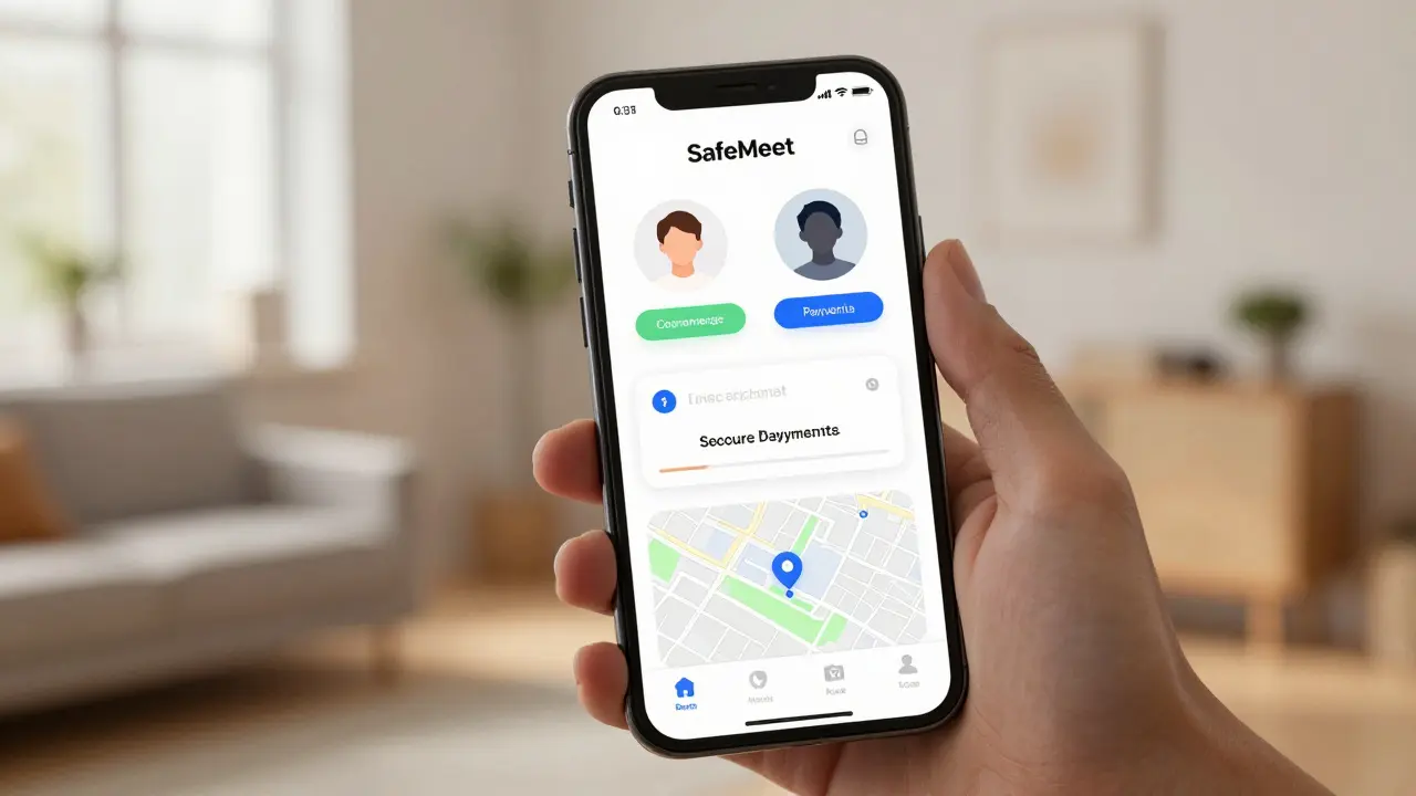 A smartphone screen showing a secure escort service app with anonymous profiles and encrypted messaging.