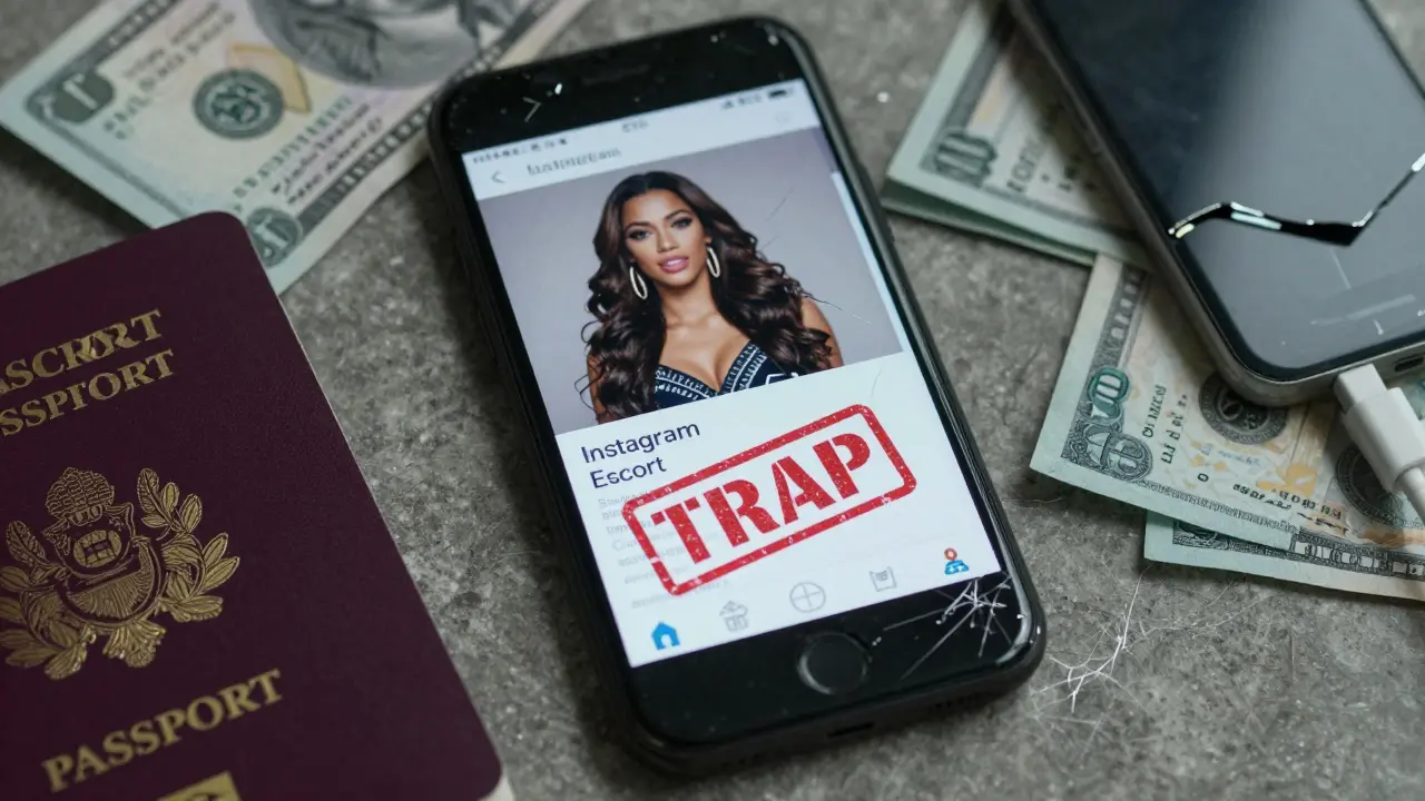 A smartphone showing a fake escort ad with cash, passport, and broken charger scattered around it.