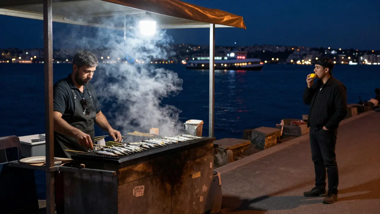 A street vendor grills sardines at night in Kadıköy, ferry lights twinkling across the water in the distance.