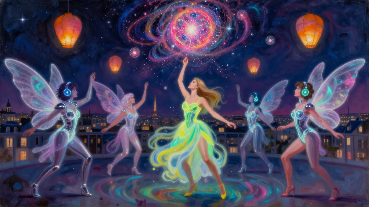 A surreal queer dance party with glitter, glowing attire, and floating lanterns under a starry Parisian sky.