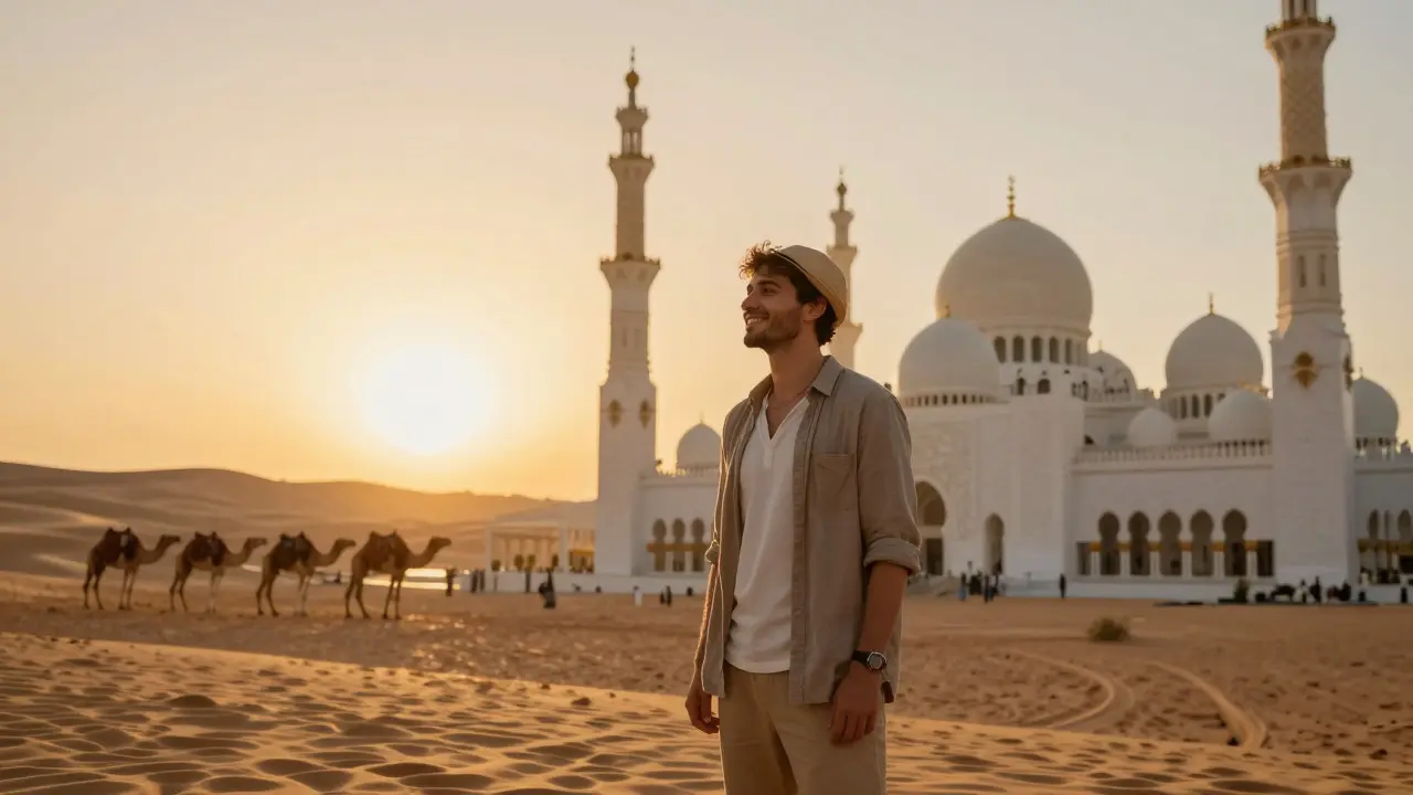 A traveler admiring the Sheikh Zayed Grand Mosque at sunset with camels in the distance.