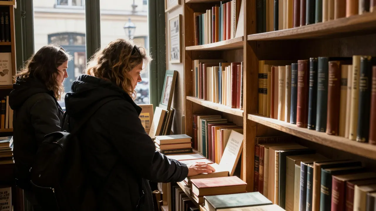 A traveler and companion browse vintage books in a sunlit Le Marais bookstore, surrounded by old novels.