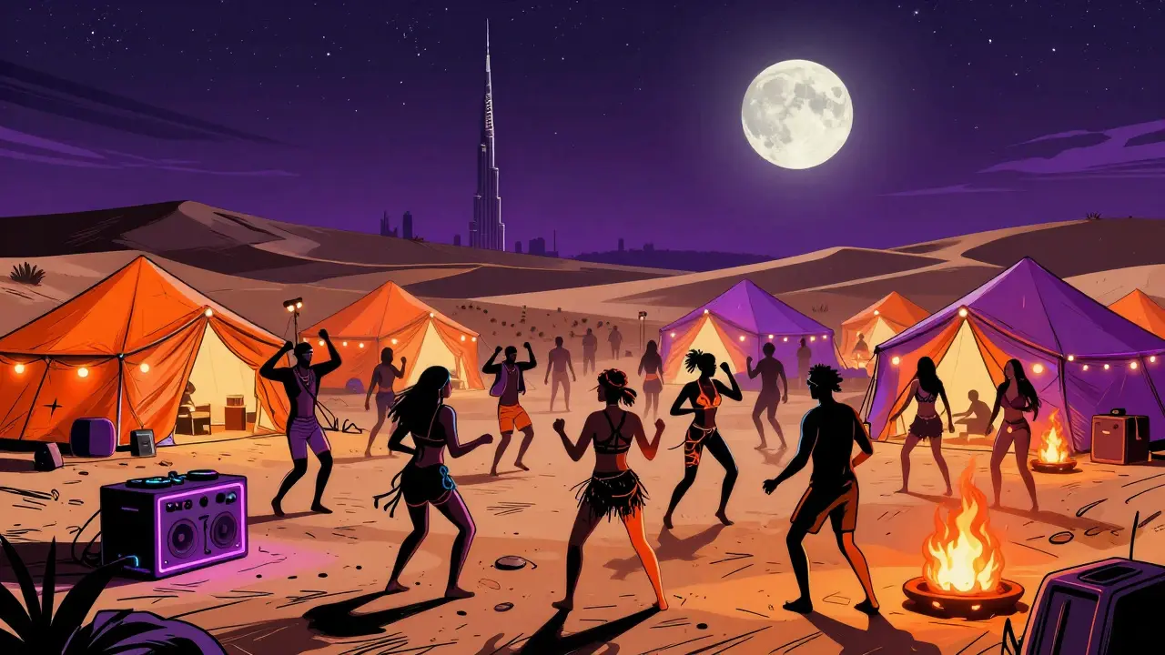 A vibrant desert party under the stars with LED tents, dancing crowds, and fire pits amid sand dunes.