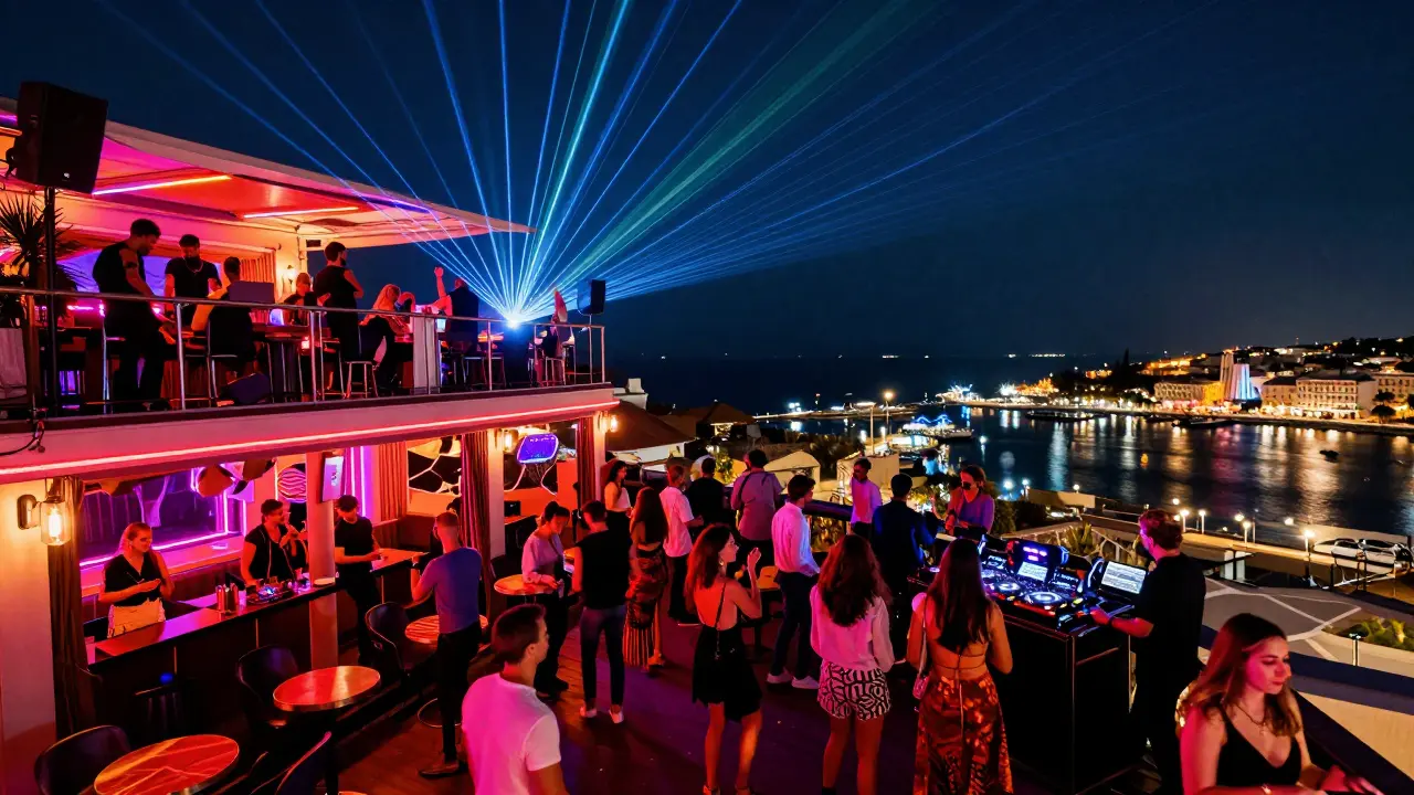 A vibrant three-level nightclub in Monte Carlo with pulsing lights and dancing crowds under a harbor skyline.