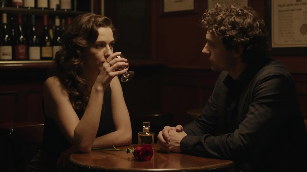 A woman and man sit in a cozy Parisian wine bar, listening to each other with respect and no digital distractions.