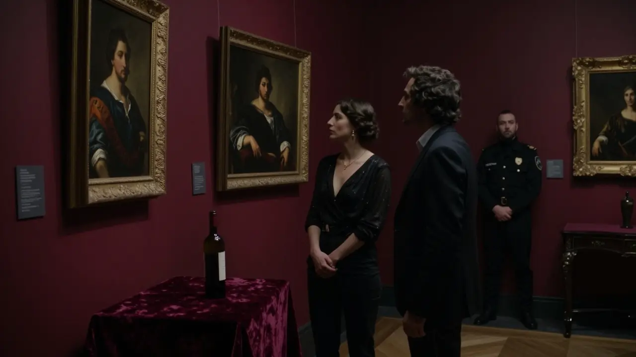 A woman and man viewing a Caravaggio painting in a private gallery, bathed in soft spotlight.