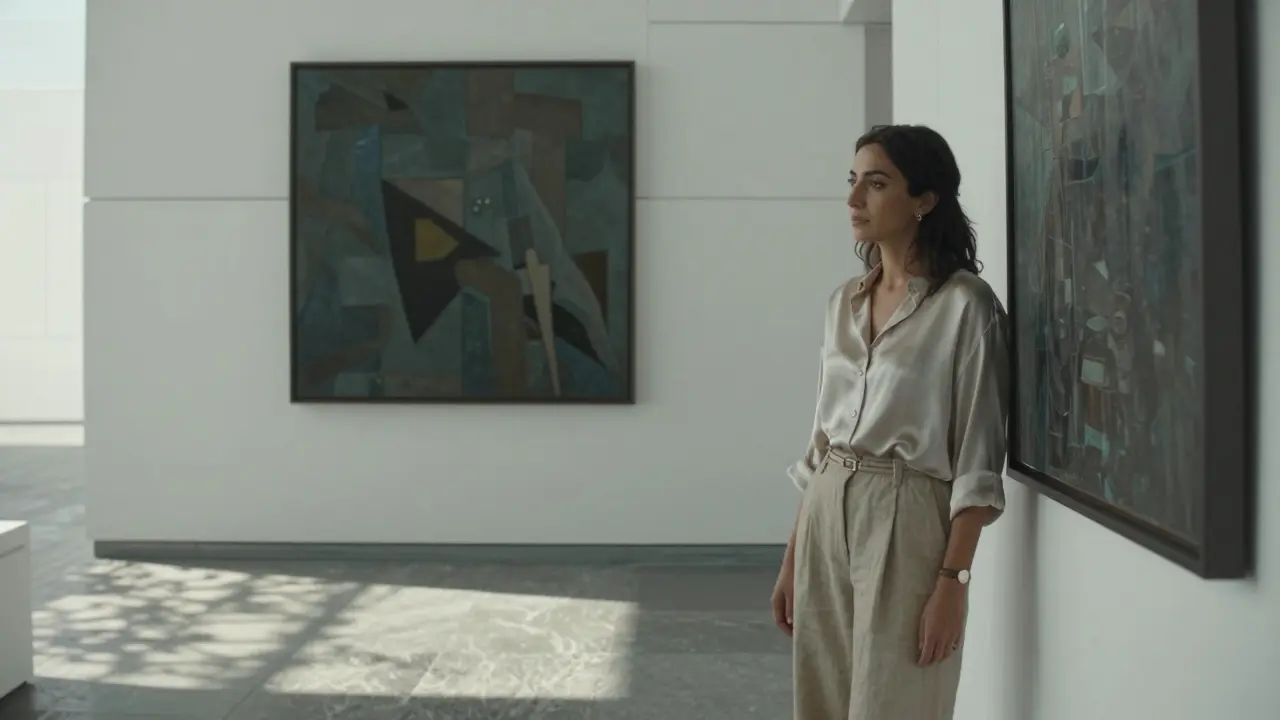 A woman standing thoughtfully before an Emirati artwork in the Louvre Abu Dhabi, bathed in natural light.