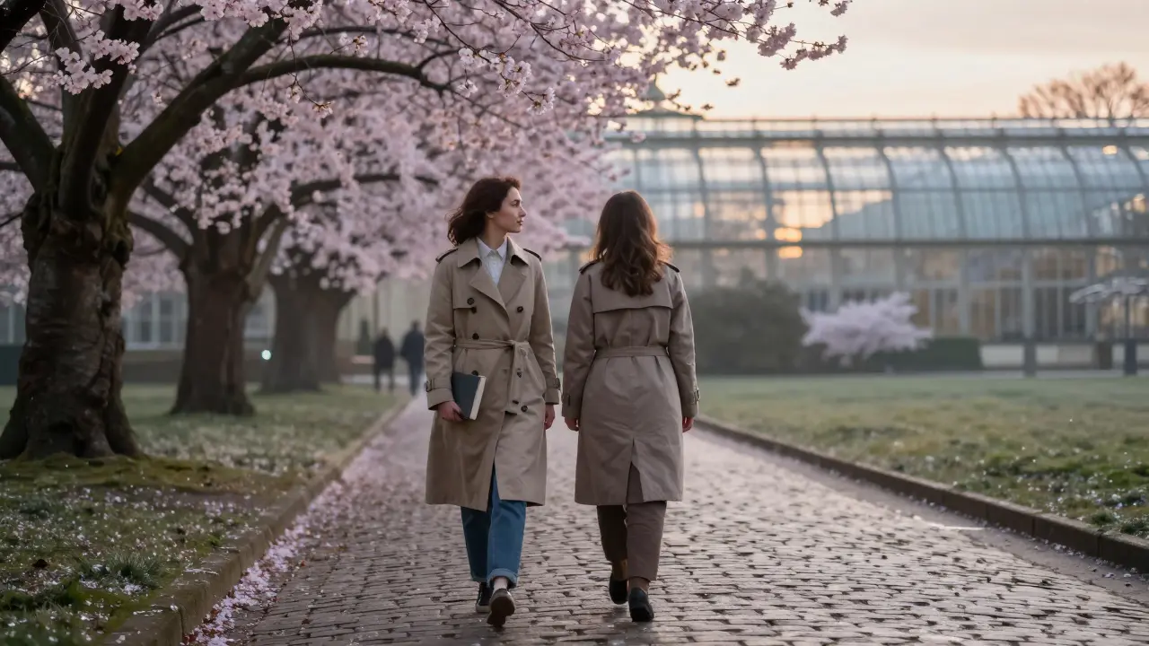 A woman walking through Jardin des Plantes as cherry blossoms fall, accompanied by a quiet companion at sunrise.
