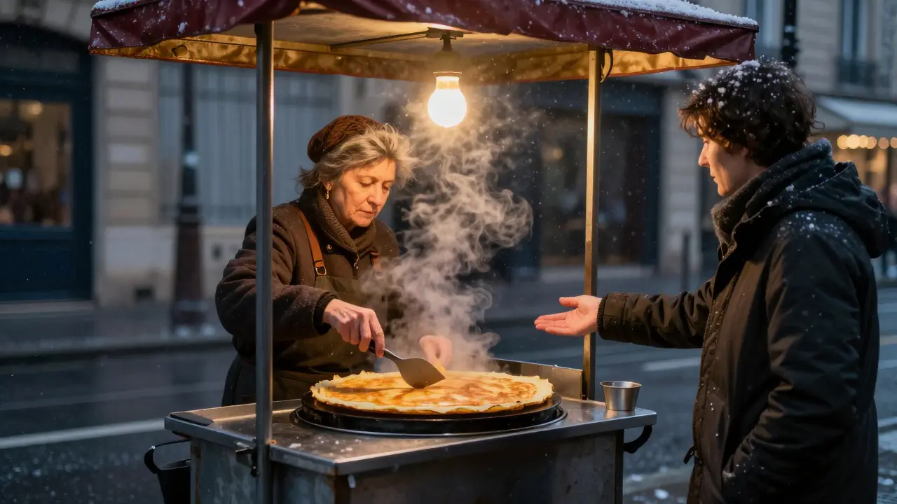 An elderly woman flipping a crêpe at a street cart at 2 a.m., steam rising as snow falls softly in the background.