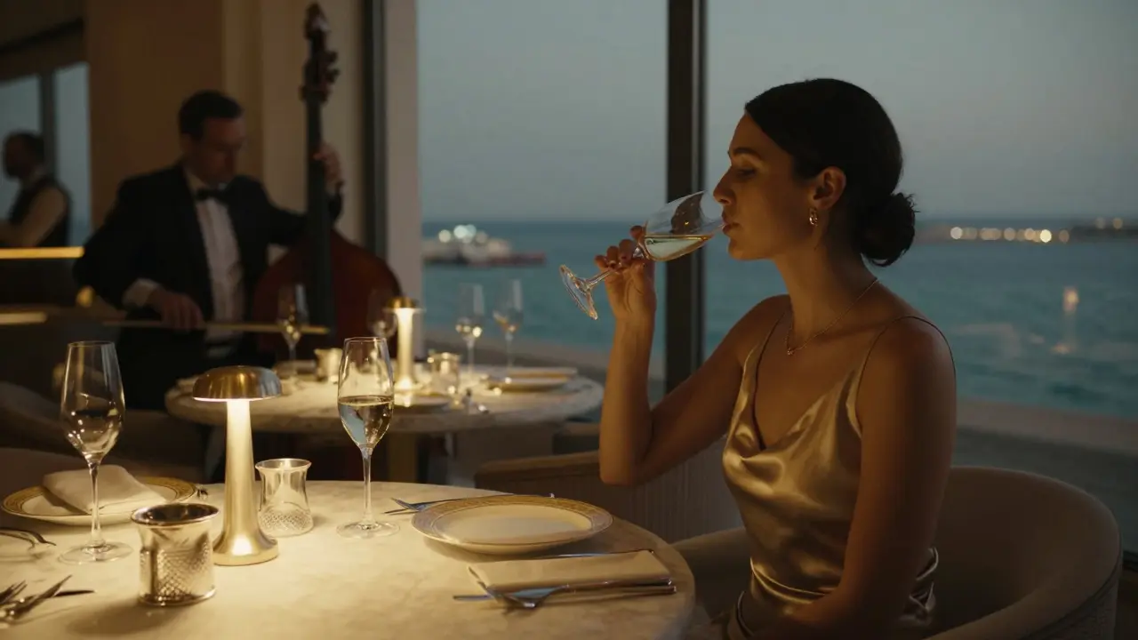 An elegant dinner lounge with soft lighting, champagne, and a woman overlooking the ocean at night.