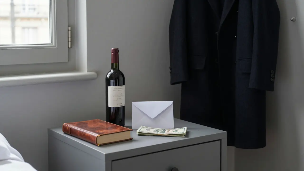 An empty hotel room bedside table holds a book, wine, and cash — a silent testament to a dignified, respectful parting.