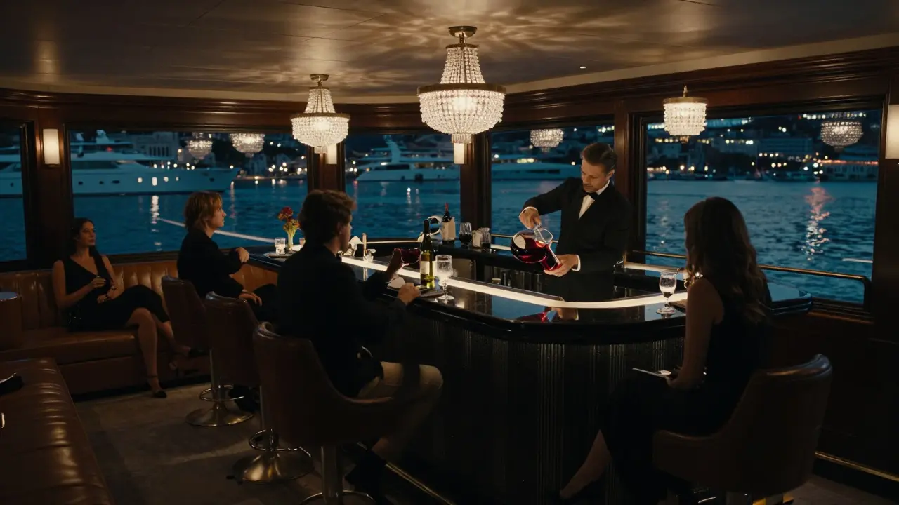 An exclusive superyacht bar with guests in all-black attire enjoying rare wine under crystal chandeliers.