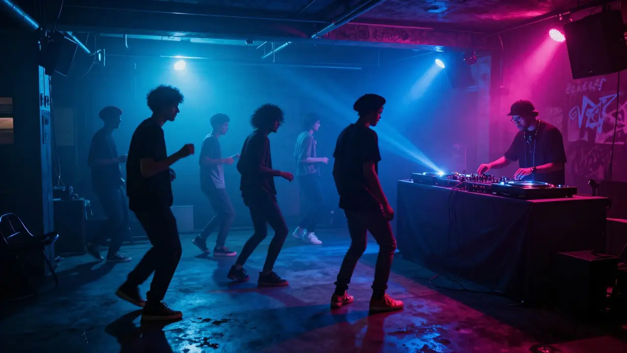 An underground electro rave in a Paris garage with dancers under strobe lights and vinyl turntables.