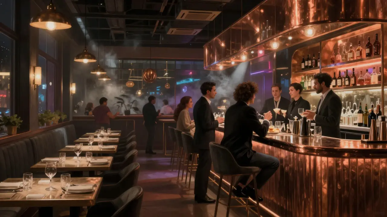 Bar transitioning from quiet dining to lively nightlife