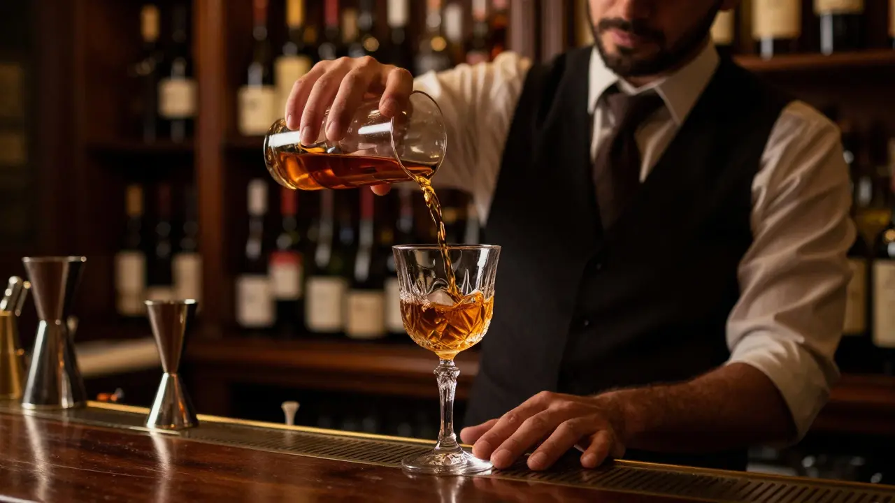 Bartender pouring a cocktail in a dimly lit vintage Parisian bar.