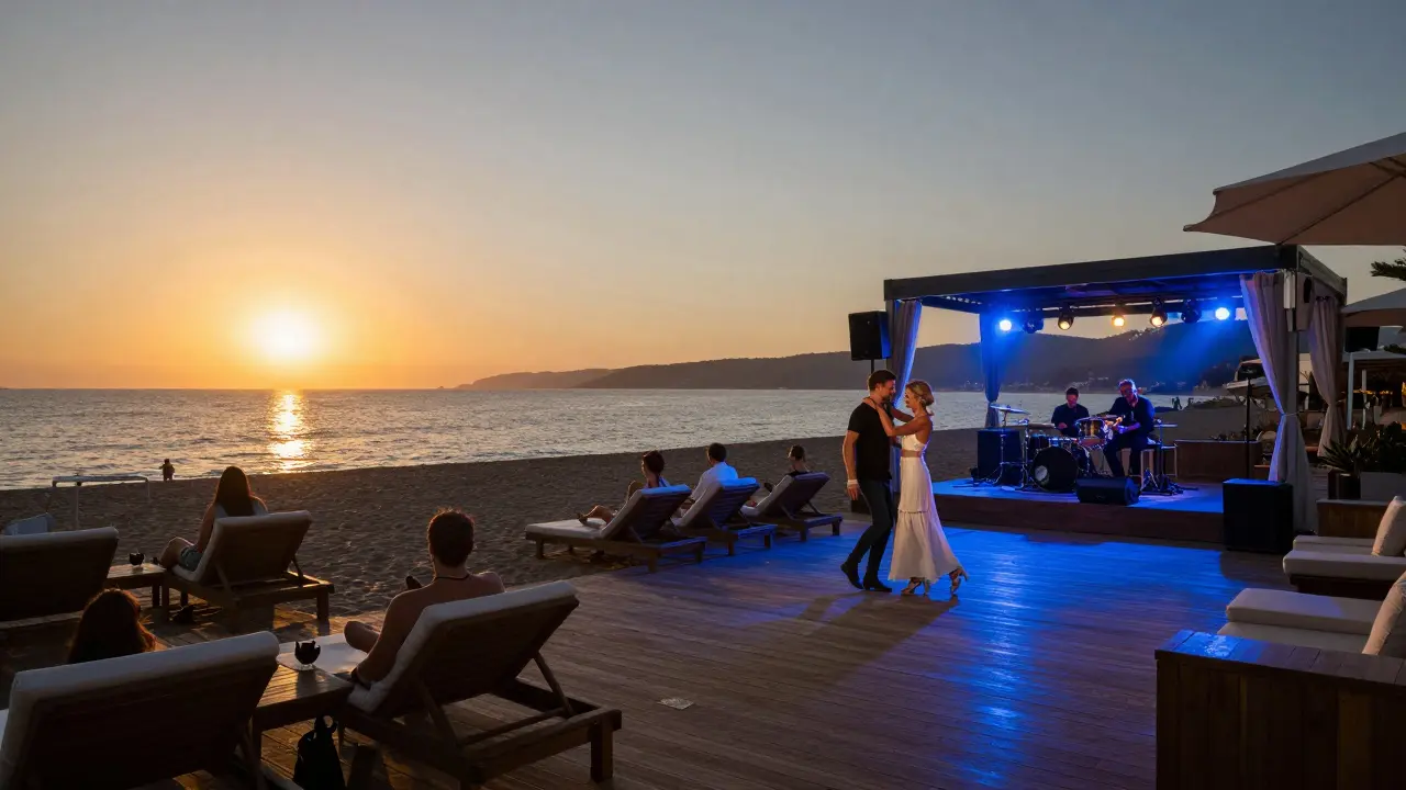 Beachside lounge transitioning from sunset to night, with couples dancing as a live band plays under glowing string lights.