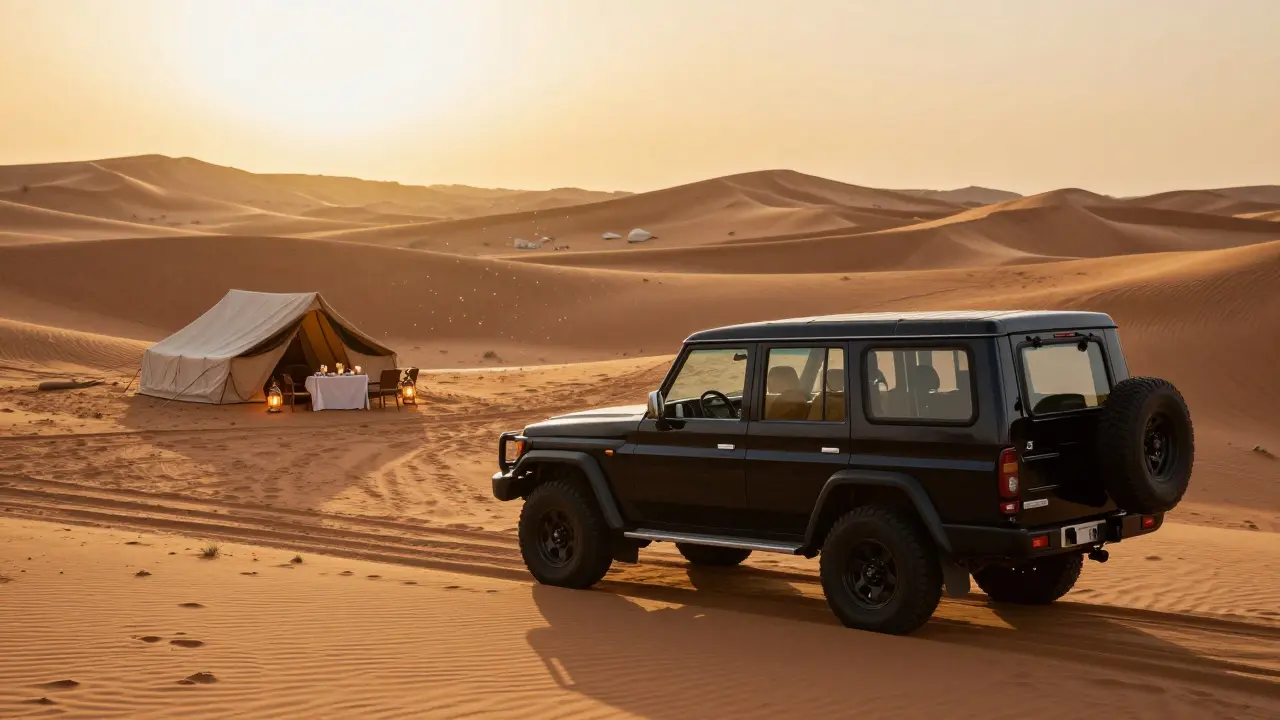 Campsite with lanterns set up in golden desert dunes.