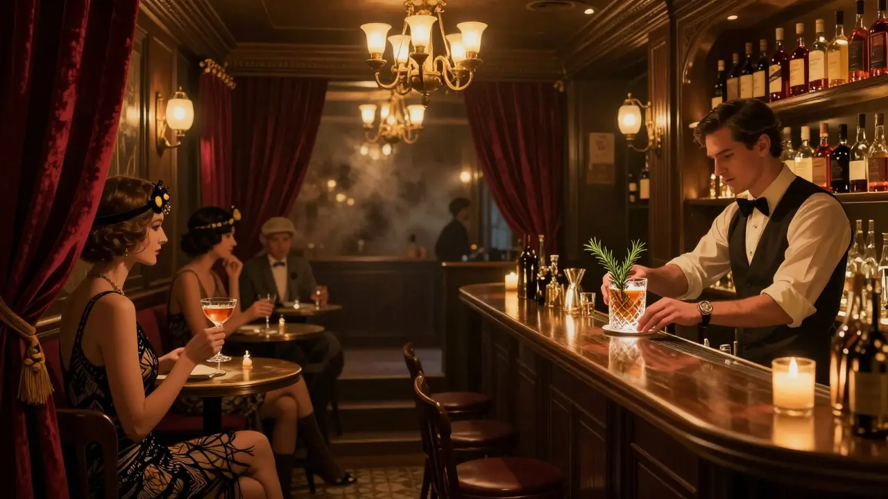 Cocktail bar in a hidden basement with velvet curtains and vintage lighting