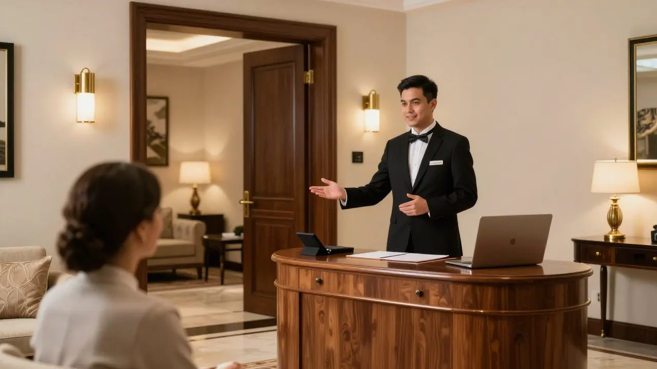 Concierge welcoming a guest inside a luxury hotel lobby