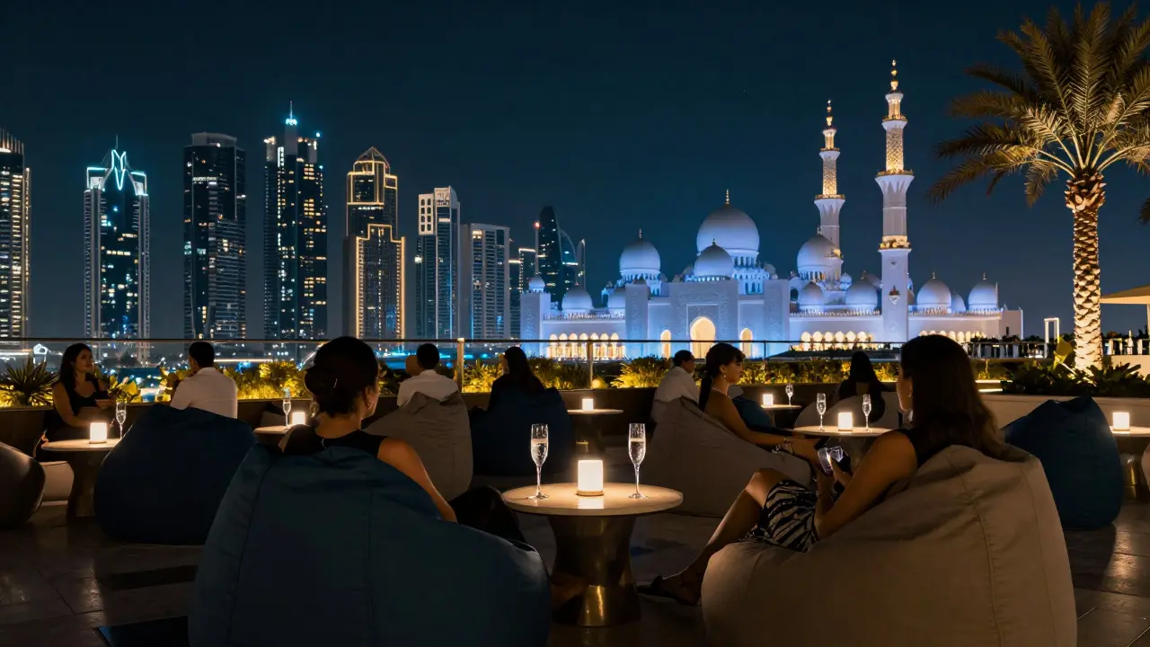 Couples and friends relaxing on a rooftop lounge with Abu Dhabi’s illuminated skyline in the background.