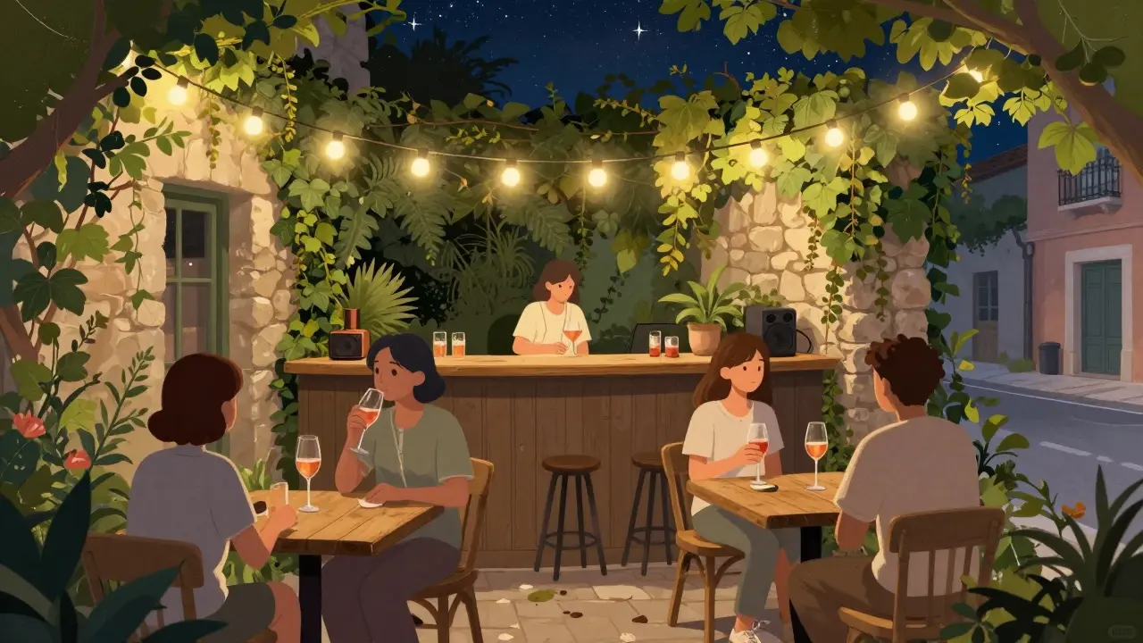 Cozy garden bar with fairy lights and patrons sipping rosé under starry skies in Monaco's La Condamine neighborhood.
