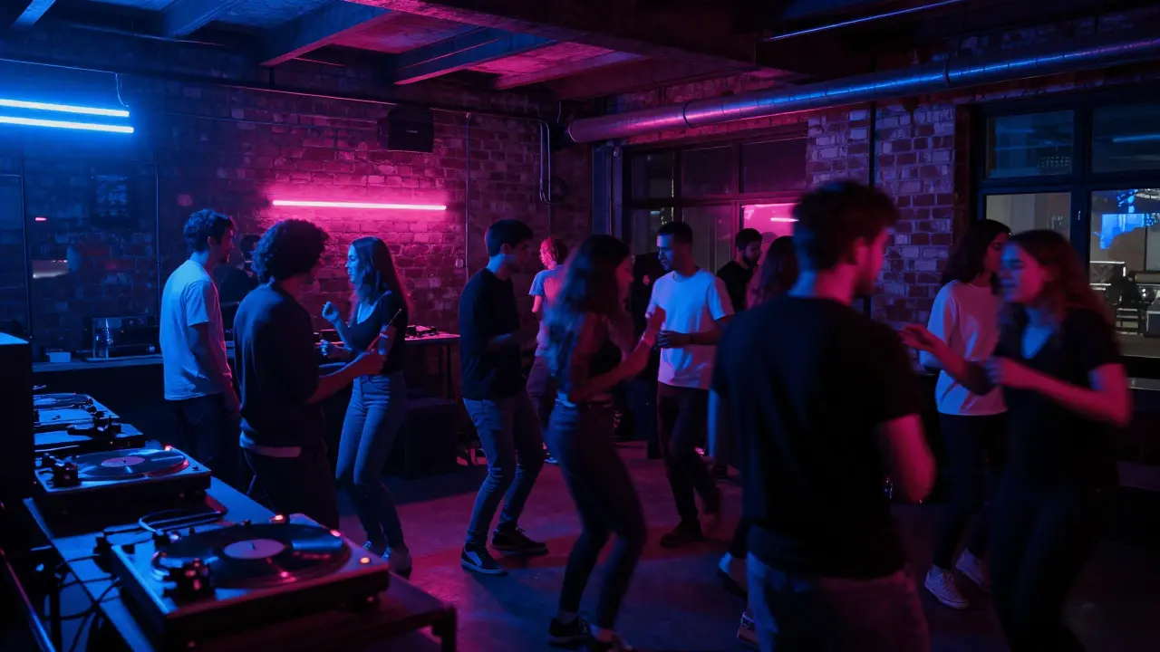 Crowd dancing in a neon-lit industrial club in Zone 2, vinyl records spinning on a turntable.