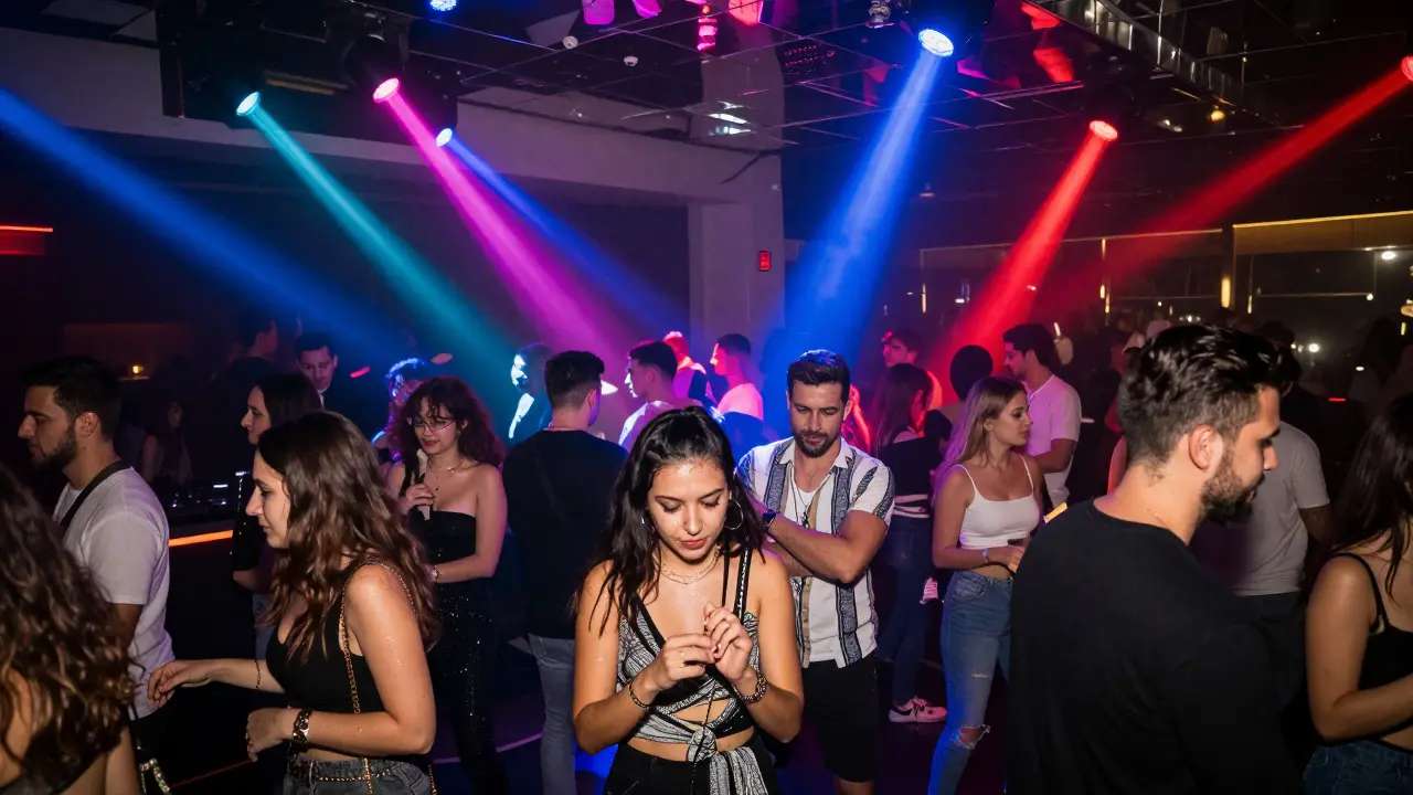 Crowd dancing in a vibrant club with pulsing lights and modern architecture