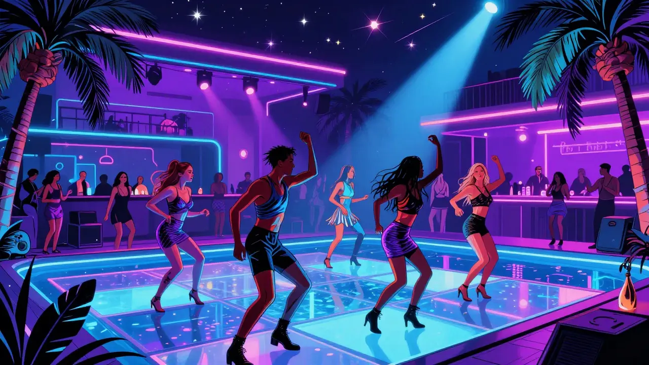 Dancers celebrating under neon lights at an open-air nightclub with a glowing pool and palm trees.