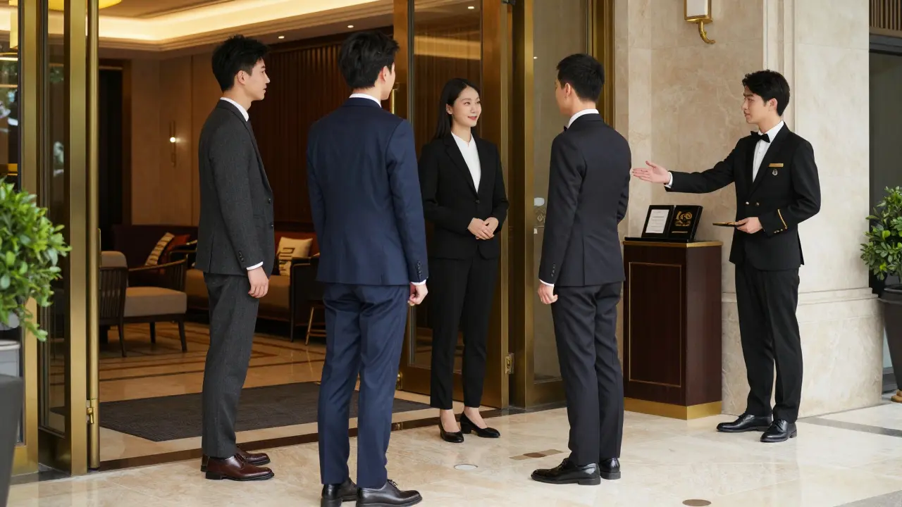 Dressed guests entering luxury hotel lounge entrance.