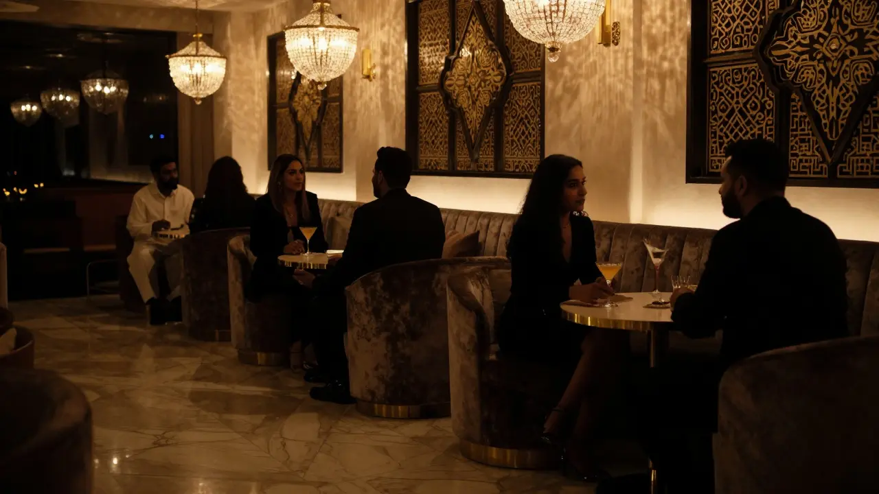 Elegant guests conversing privately inside a high-end luxury lounge venue.