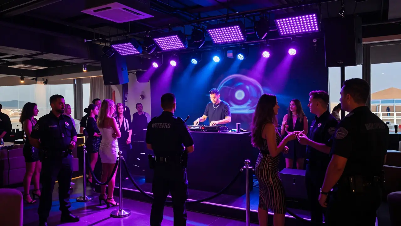 Elite nightclub interior with vibrant lights and security